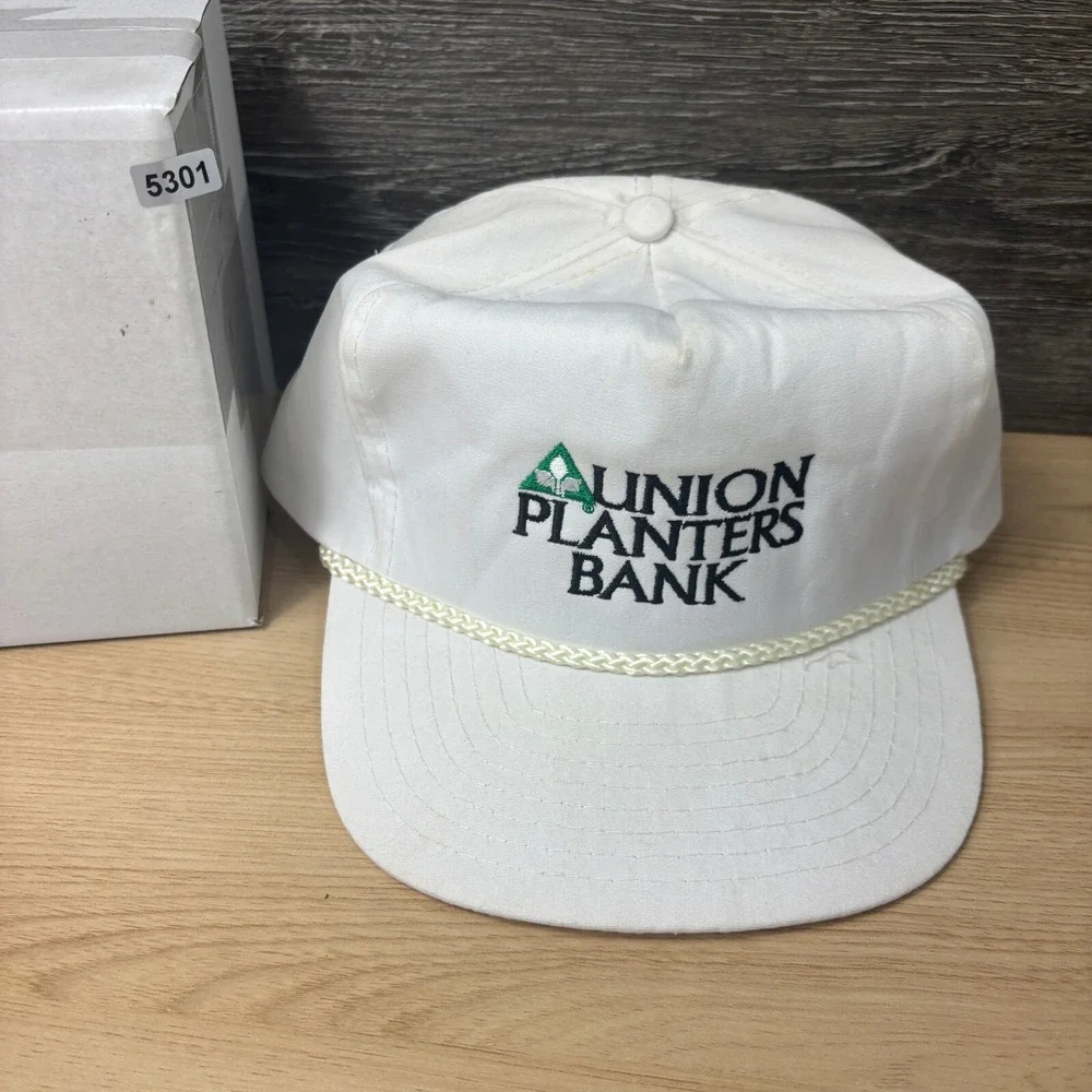 Vintage Union Planters Bank Hat‎ Cap Strap Back White Rope Trucker 90s